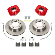 Wilwood Porsche 911 rear 11.42-inch plain face brake kit layout with red D31 calipers and rotors, pads and fasteners, with braided hoses