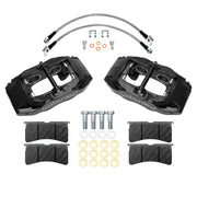 Wilwood black SLC56 front caliper kit for Corvette C5, laid out with pads, flexlines, washers and mounting hardware
