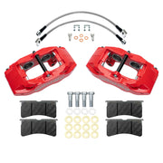 Wilwood red SLC56 front caliper kit for Corvette C5, laid out with pads, flexlines, washers and mounting hardware