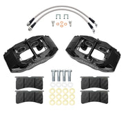 Wilwood black SLC56 front caliper kit for Corvette C6 Base, laid out with pads, flexlines, washers and mounting hardware