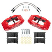 Wilwood red SLC56 front caliper kit for Corvette C6 Base, laid out with pads, flexlines, washers and mounting hardware