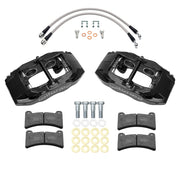 Wilwood black DPC56 rear caliper kit for Corvette C6 Base, laid out with pads, flexlines, washers and mounting hardware