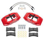 Wilwood red DPC56 rear caliper kit for Corvette C6 Base, laid out with pads, flexlines, washers and mounting hardware