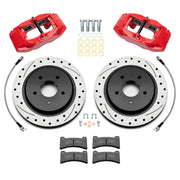 Wilwood Corvette C5 rear brake kit with red DPC56 calipers and 12.01-inch drilled and slotted rotors, laid out with pads, flexlines, washers and mounting hardware