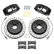 Wilwood Corvette C5 rear brake kit with black DPC56 calipers and 12.01-inch drilled and slotted rotors, laid out with pads, flexlines, washers and mounting hardware