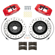 Wilwood Corvette C6 Base front brake kit with red SLC56 calipers and 12.80-inch drilled and slotted rotors, laid out with pads, flexlines, washers and mounting hardware