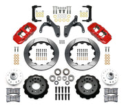 Wilwood Chevrolet full-size drum-spindle front brake kit with red AERO6 calipers and 14.00-inch slotted rotors, laid out with hats, hubs, bearings, seals, pads, brackets and hardware