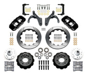 Wilwood Chevrolet full-size drum-spindle front brake kit with black AERO6 calipers and 14.00-inch slotted rotors, laid out with hats, hubs, bearings, seals, pads, brackets and hardware