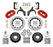 Wilwood listed Chevrolet full-size and Corvette spindle front brake kit with red Superlite 6R calipers and 12.88-inch drilled and slotted rotors, laid out with hats, hubs, bearings, seals, pads, brackets and fasteners