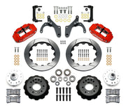 Wilwood listed Chevrolet full-size and Corvette spindle front brake kit with red Superlite 6R calipers and 12.88-inch slotted rotors, laid out with hats, hubs, bearings, seals, pads, brackets and fasteners