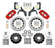 Wilwood listed Chevrolet full-size and Corvette spindle front brake kit with red AERO6 calipers and 14.00-inch drilled and slotted rotors, laid out with hats, hubs, bearings, seals, pads, brackets and fasteners
