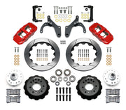 Wilwood listed Chevrolet full-size and Corvette spindle front brake kit with red AERO6 calipers and 14.00-inch slotted rotors, laid out with hats, hubs, bearings, seals, pads, brackets and fasteners
