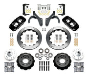 Wilwood listed Chevrolet full-size and Corvette spindle front brake kit with black AERO6 calipers and 14.00-inch slotted rotors, laid out with hats, hubs, bearings, seals, pads, brackets and fasteners