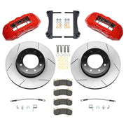 Wilwood Ram 2500 and 3500 rear brake kit with red TX6R calipers and 16.00-inch slotted rotors, laid out with pads, caliper brackets, flexlines and mounting hardware
