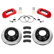 Wilwood Ford Super Duty 2011–2012 front brake kit with red TX6-DM calipers and 15.00-inch slotted rotors, laid out with pads, braided flexlines and mounting hardware