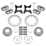 Wilwood Big Ford New Style 2.50-inch rear drag kit laid out with four anodized XRD calipers, drilled scalloped rotors, dynamic hats, retaining rings, pads, brackets and fasteners