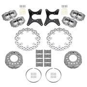 Wilwood Oldsmobile/Pontiac 2.81-inch half-inch-stud rear drag kit laid out with four anodized XRD calipers, drilled scalloped rotors, dynamic hats, retaining rings, pads, brackets and fasteners
