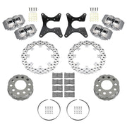 Wilwood Oldsmobile/Pontiac 2.81-inch 11/16-inch-stud rear drag kit laid out with four anodized XRD calipers, drilled scalloped rotors, dynamic hats, retaining rings, pads, brackets and fasteners