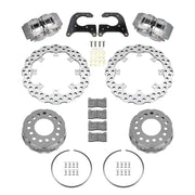Wilwood M-W/Lamb 2.81-inch half-inch-stud rear drag kit laid out with two anodized XRD calipers, drilled scalloped rotors, dynamic hats, retaining rings, pads, brackets and fasteners
