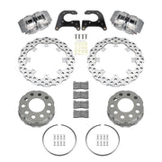 Wilwood M-W/Lamb 2.81-inch 11/16-inch-stud rear drag kit laid out with two anodized XRD calipers, drilled scalloped rotors, dynamic hats, retaining rings, pads, brackets and fasteners