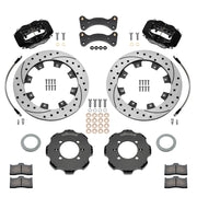 Wilwood Mazda Miata NA/NB front brake kit with black Dynalite calipers and 11.75-inch drilled and slotted rotors, laid out with hats, rotors, pads, flexlines, caliper brackets and fasteners