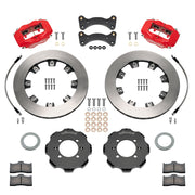 Wilwood Mazda Miata NA/NB front brake kit with red Dynalite calipers and 11.75-inch plain rotors, laid out with hats, rotors, pads, flexlines, caliper brackets and fasteners