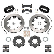 Wilwood Mazda Miata NA/NB front brake kit with black Dynalite calipers and 11.75-inch plain rotors, laid out with hats, rotors, pads, flexlines, caliper brackets and fasteners