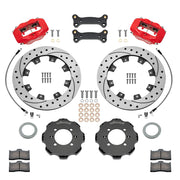 Wilwood Mazda MX-5 and Fiat 124 Spider front brake kit with red Dynalite calipers and 11.75-inch drilled and slotted rotors, laid out with hats, rotors, pads, hoses and caliper mounting brackets