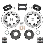 Wilwood Mazda MX-5 and Fiat 124 Spider front brake kit with black Dynalite calipers and 11.75-inch drilled and slotted rotors, laid out with hats, rotors, pads, hoses and caliper mounting brackets