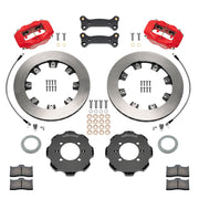 Wilwood Mazda MX-5 and Fiat 124 Spider front brake kit with red Dynalite calipers and 11.75-inch plain rotors, laid out with hats, rotors, pads, hoses and caliper mounting brackets