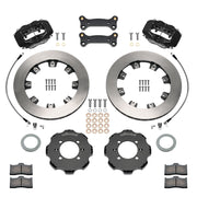 Wilwood Mazda MX-5 and Fiat 124 Spider front brake kit with black Dynalite calipers and 11.75-inch plain rotors, laid out with hats, rotors, pads, hoses and caliper mounting brackets