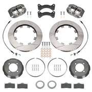 Wilwood Mazda MX-5 and Fiat 124 Spider front brake kit with anodized Dynapro-ST calipers and 11.75-inch slotted rotors, laid out with hats, rotors, pads, hoses and caliper mounting brackets