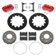 Wilwood Can-Am Maverick R rear brake kit with red NDPR calipers and 11.60-inch plain rotors, laid out with dynamic hats, retaining rings, pads, brackets and hardware