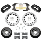 Wilwood aluminum ProSpindle front brake kit with black FNSL6R calipers and 12.88-inch drilled and slotted rotors, laid out with hats, registration rings, pads, brackets and fasteners