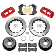 Wilwood aluminum ProSpindle front brake kit with red AERO6 calipers and 15.00-inch slotted rotors, laid out with hats, registration rings, pads, brackets and fasteners