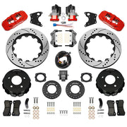 Wilwood rear AERO4 kit components for C1500, red calipers and 14-inch srp drilled and slotted rotors, with electric parking calipers