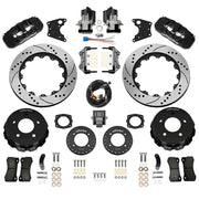 Wilwood rear AERO4 kit components for C1500, black calipers and 14-inch srp drilled and slotted rotors, with electric parking calipers