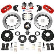 Wilwood rear AERO4 kit components for C1500, red calipers and 14-inch gt slotted rotors, with electric parking calipers