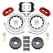 Wilwood rear Forged Narrow Superlite 4R kit components for Jeep Wrangler JK, red calipers and 13.5-inch srp drilled and slotted rotors