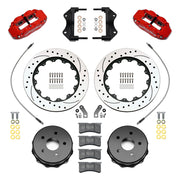 Wilwood rear Forged Narrow Superlite 4R kit components for Jeep Wrangler JL, red calipers and 13.5-inch srp drilled and slotted rotors