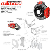 Wilwood red rear EPB retrofit installation diagram showing the parking-caliper bracket and existing Dynalite brake assembly
