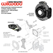 Wilwood black rear EPB retrofit installation diagram showing the parking-caliper bracket and existing Dynalite brake assembly