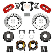 Wilwood rear AERO4 kit components for Big Ford New Style 2.50-Inch Offset, red calipers and 14-inch srp drilled and slotted rotors, with internal parking shoes
