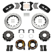 Wilwood rear AERO4 kit components for Big Ford New Style 2.50-Inch Offset, black calipers and 14-inch srp drilled and slotted rotors, with internal parking shoes