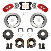 Wilwood rear AERO4 kit components for Big Ford New Style 2.50-Inch Offset, red calipers and 14-inch gt slotted rotors, with internal parking shoes