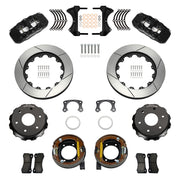 Wilwood rear AERO4 kit components for Big Ford New Style 2.50-Inch Offset, black calipers and 14-inch gt slotted rotors, with internal parking shoes