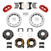 Wilwood rear Forged Narrow Superlite 4R kit components for Big Ford New Style 2.50-Inch Offset, red calipers and 12.88-inch srp drilled and slotted rotors, with internal parking shoes