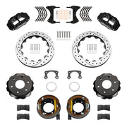 Wilwood rear Forged Narrow Superlite 4R kit components for Big Ford New Style 2.50-Inch Offset, black calipers and 12.88-inch srp drilled and slotted rotors, with internal parking shoes