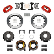 Wilwood rear Forged Narrow Superlite 4R kit components for Big Ford New Style 2.50-Inch Offset, red calipers and 12.88-inch gt slotted rotors, with internal parking shoes