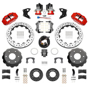 Wilwood rear Forged Narrow Superlite 4R kit components for Big Ford New Style 2.50-Inch Offset, red calipers and 12.88-inch srp drilled and slotted rotors, with electric parking calipers